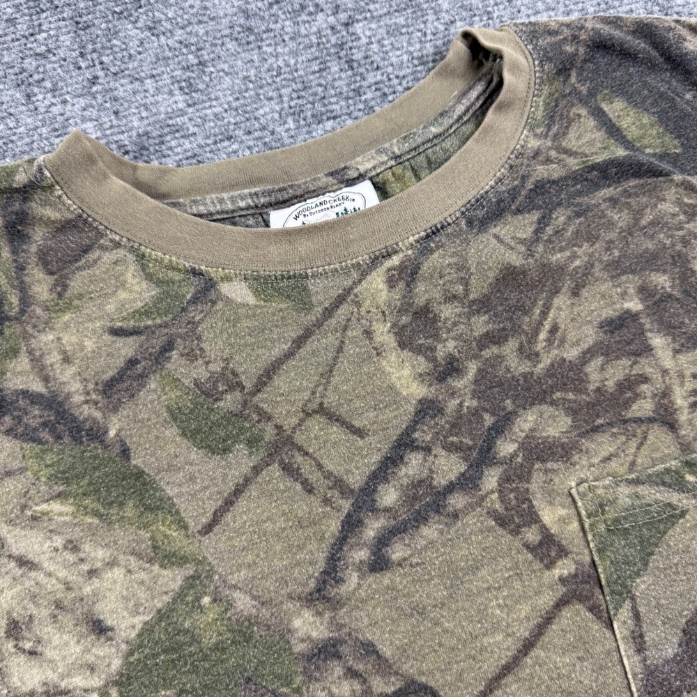 VTG Wash Woodland Creek T-Shirt XL Green Camo Pocket Short Sleeve Boxy Women